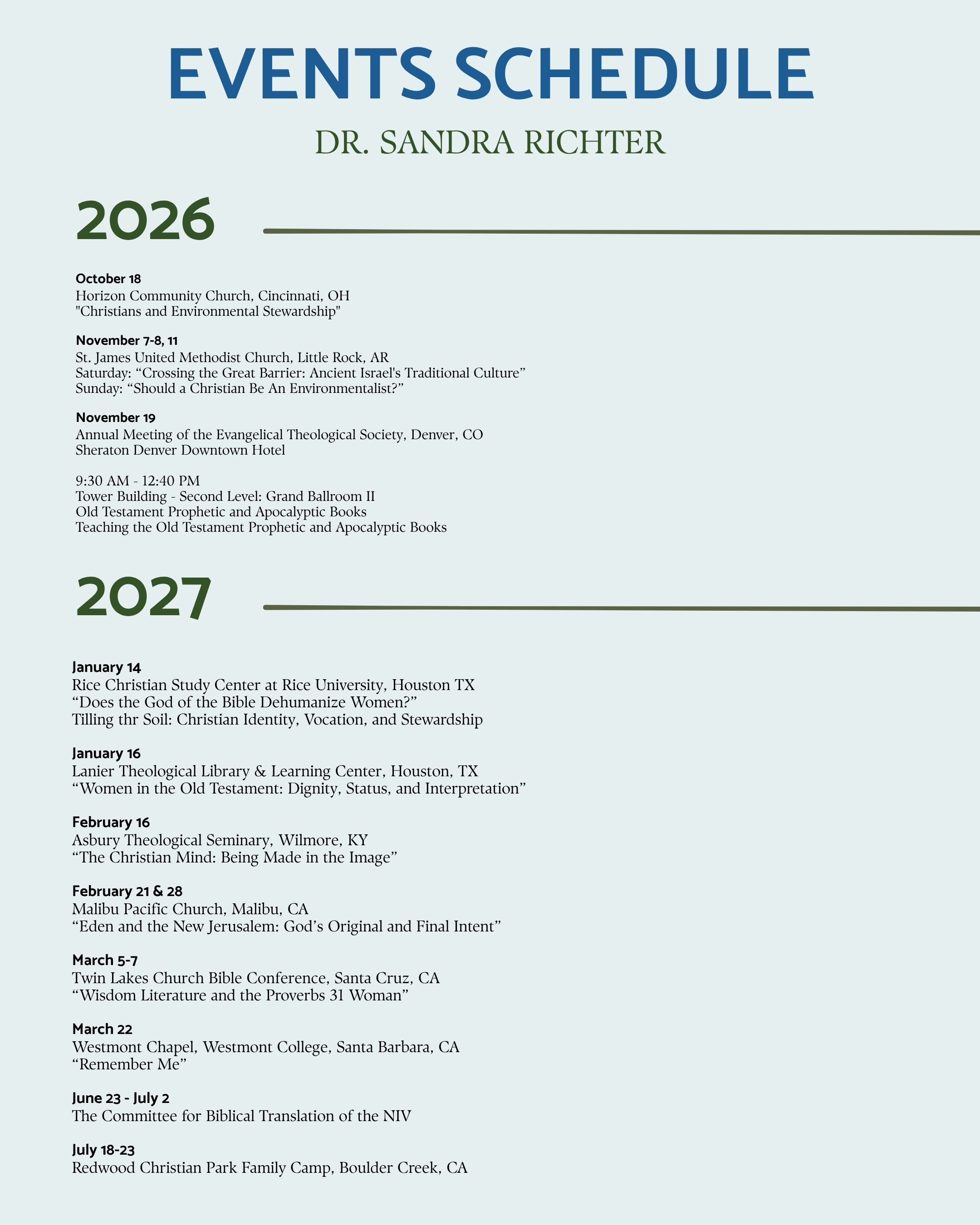 Sandy Richter speaking schedule 2026