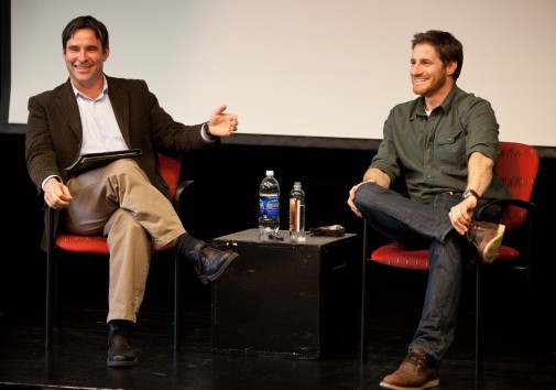 Westmont theater arts professor Mitchell Thomas talks with actor Sam Jaeger