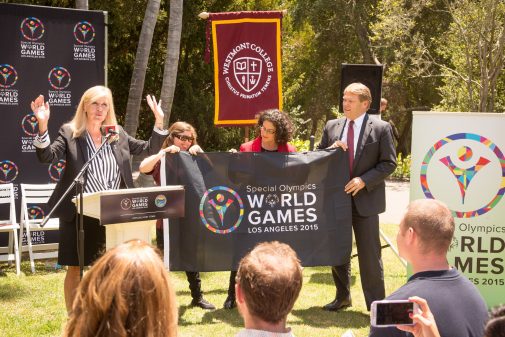 Joann Klonowski, Special Olympics World Games, Vice President of Host Town Savannah Barclay, Special Olympics Southern California Global Messenger Mayor Helene Schneider President Gayle D. Beebe, President, Westmont College