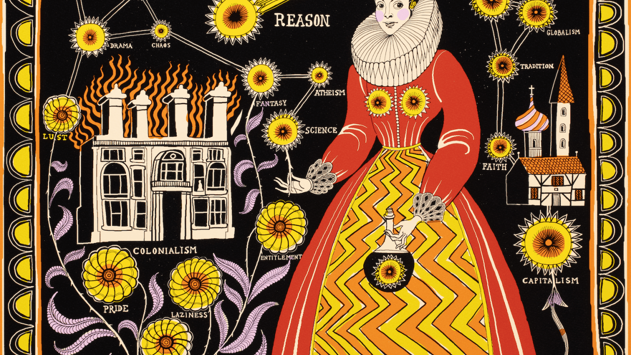 Colorful print with a woman in royal garb surrounded by words and constellations.