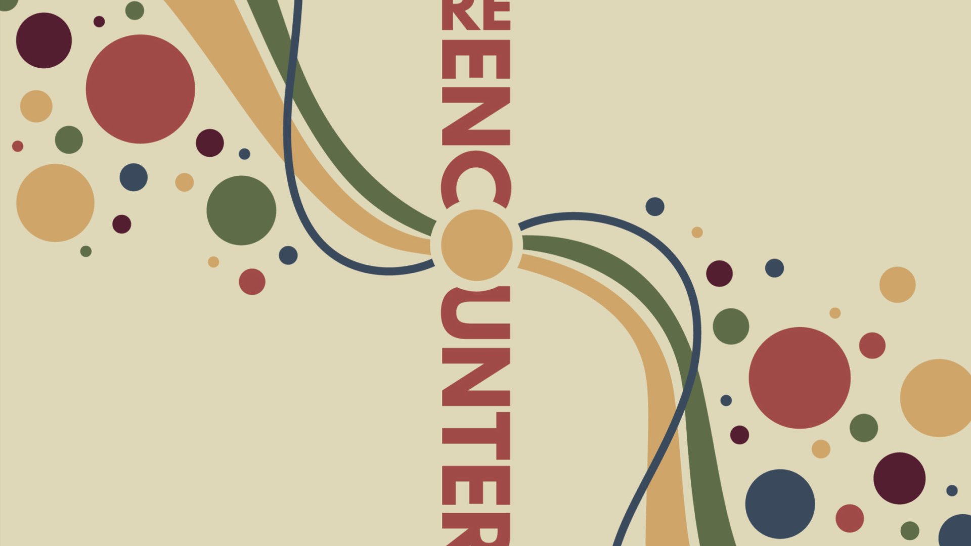 Reencounter Senior Postcard with stylized text, circles, and waves